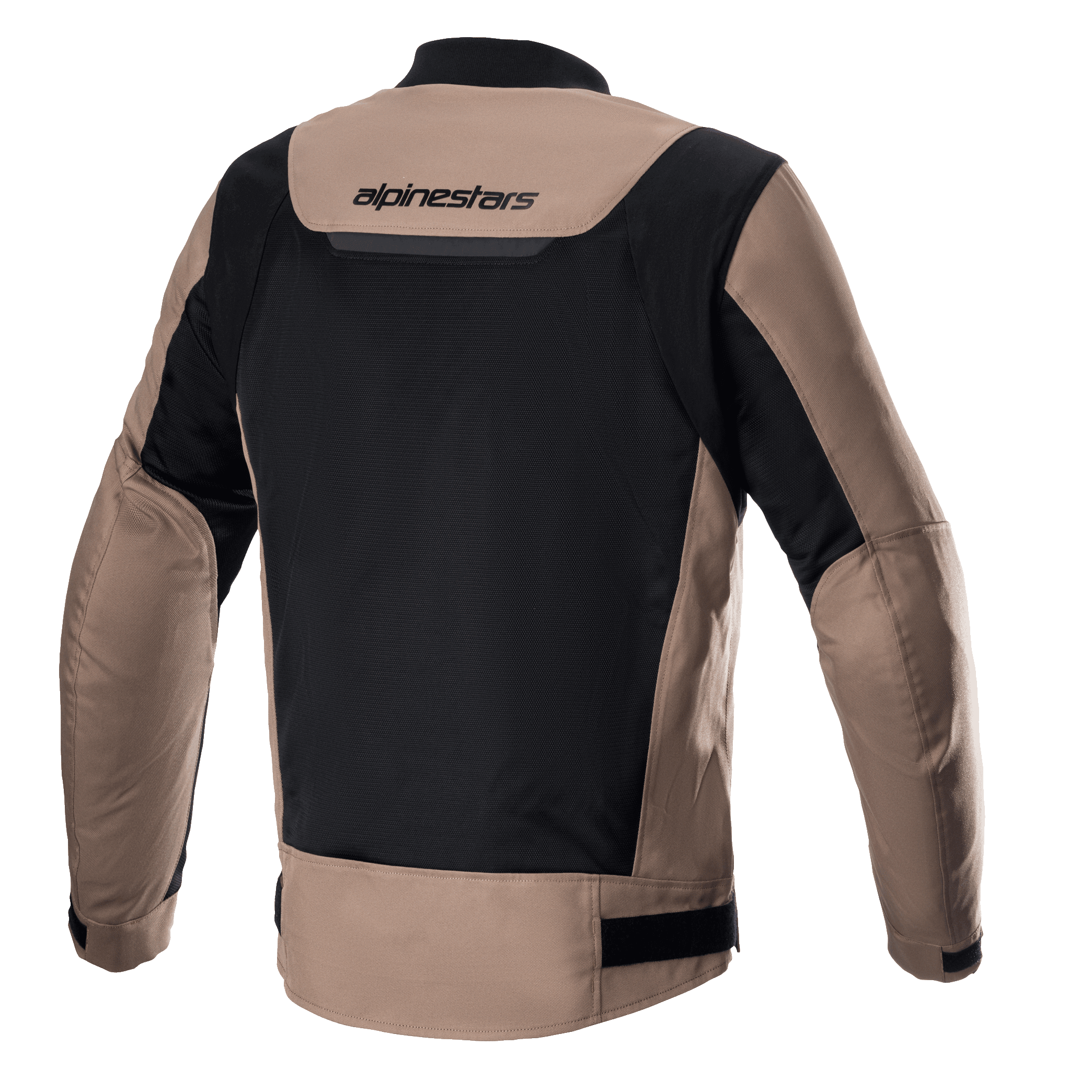 Alpinestars Luc V2 Air Jacket, Textile Motorcycle Jacket, Gobi Brown and Black, back view featuring a large black mesh panel for ventilation, brown sleeves and shoulders, Alpinestars wordmark on the upper back, and an elongated rear profile.