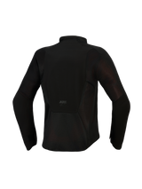 Alpinestars Stella Aeroshell Airflow Jacket, Women's Motorcycle Jacket, Black Anthracite, back view showing extensive mesh ventilation panels, laser-perforated softshell chassis, and ASTARS branding on the lower back