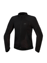 Alpinestars Stella Aeroshell Airflow Jacket, Women's Motorcycle Jacket, Black Anthracite, front view, lightweight textile with laser-perforated ventilation and mesh panels, subtle chest logo, ergonomic sport-cut design