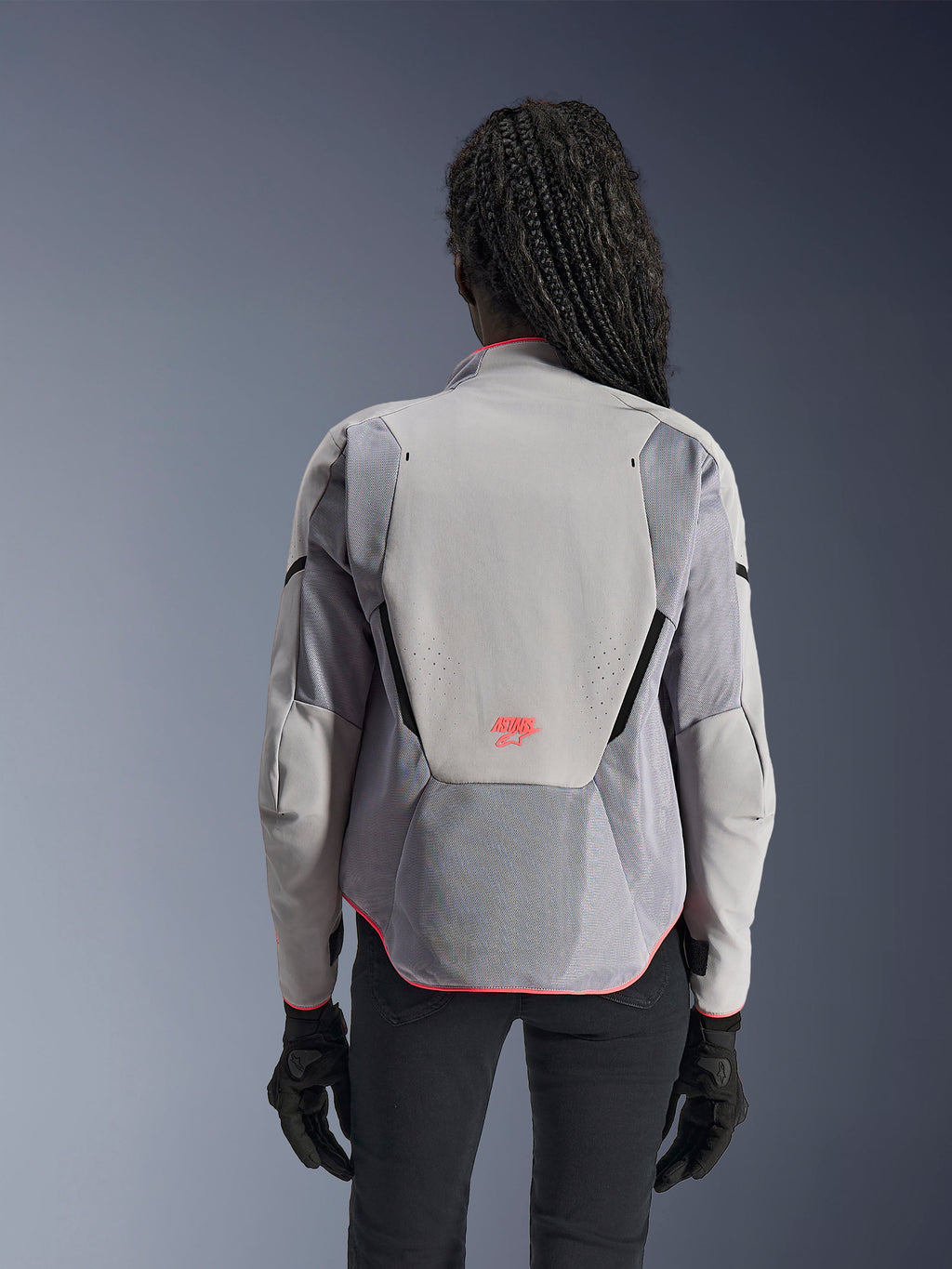 Alpinestars Women Stella Aeroshell Airflow Jacket, back view, Mid Gray and Anthracite, motorcycle sport jacket with mesh panels and pink accents.