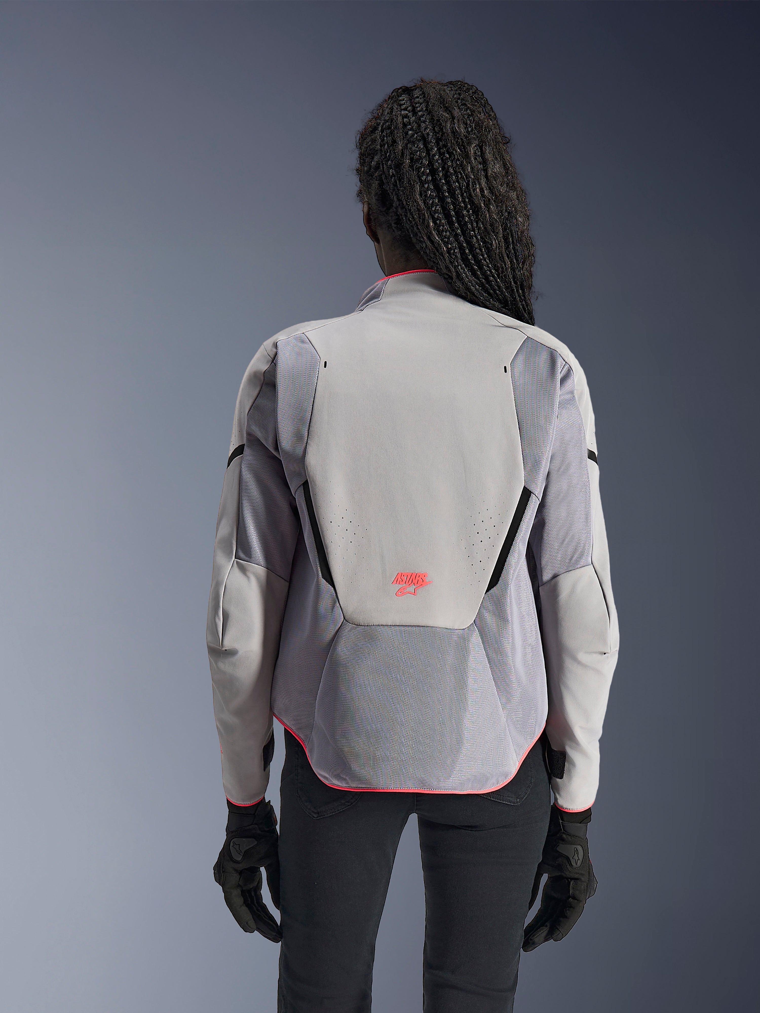 Alpinestars Women Stella Aeroshell Airflow Jacket, back view, Mid Gray and Anthracite, motorcycle sport jacket with mesh panels and pink accents.