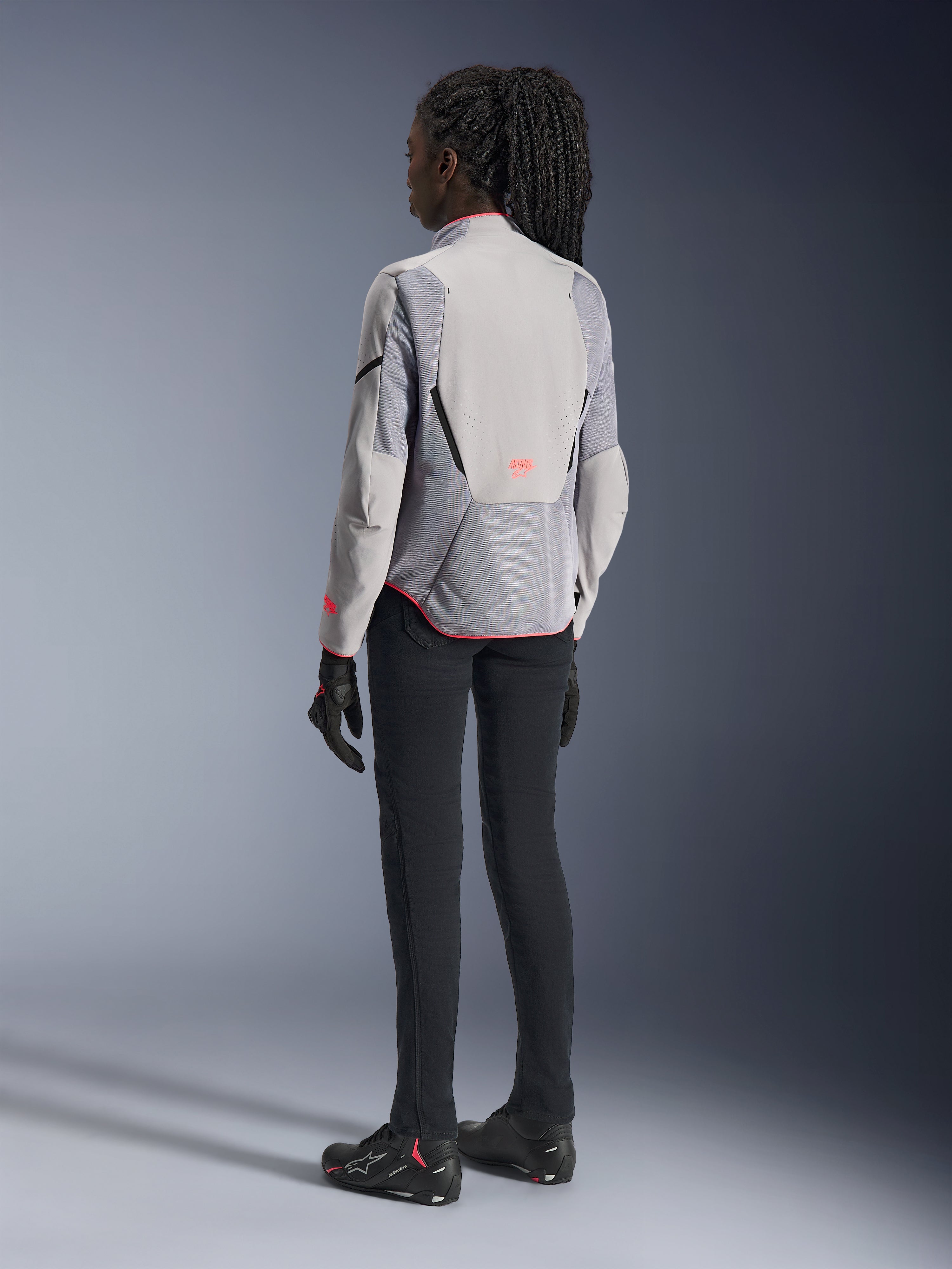 Alpinestars Women Stella Aeroshell Airflow Motorcycle Jacket, Mid Gray/Anthracite, back view showing ventilated softshell.