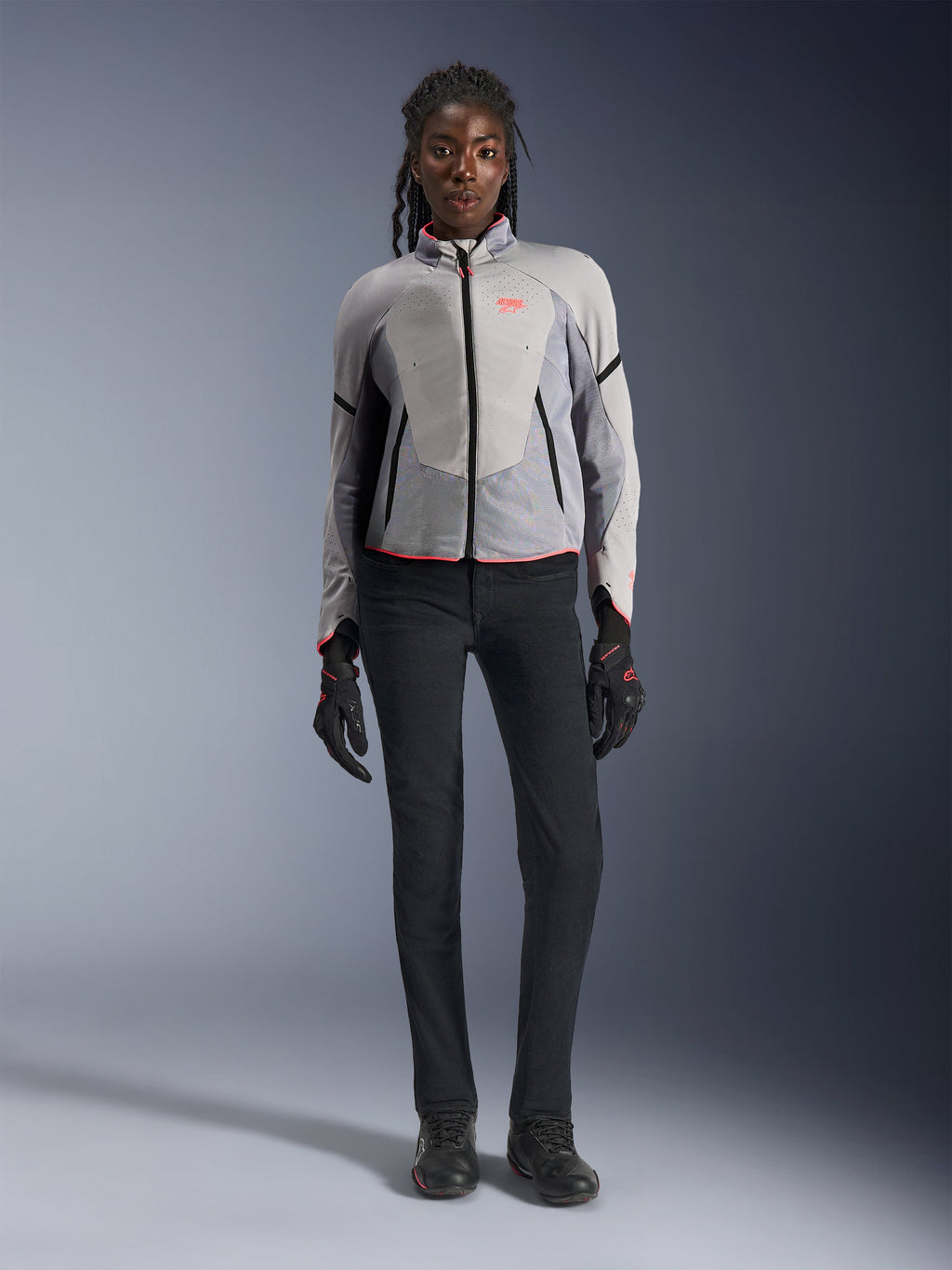 Alpinestars Women Stella Aeroshell Airflow Jacket, Mid Gray and Anthracite softshell motorcycle jacket with pink accents.