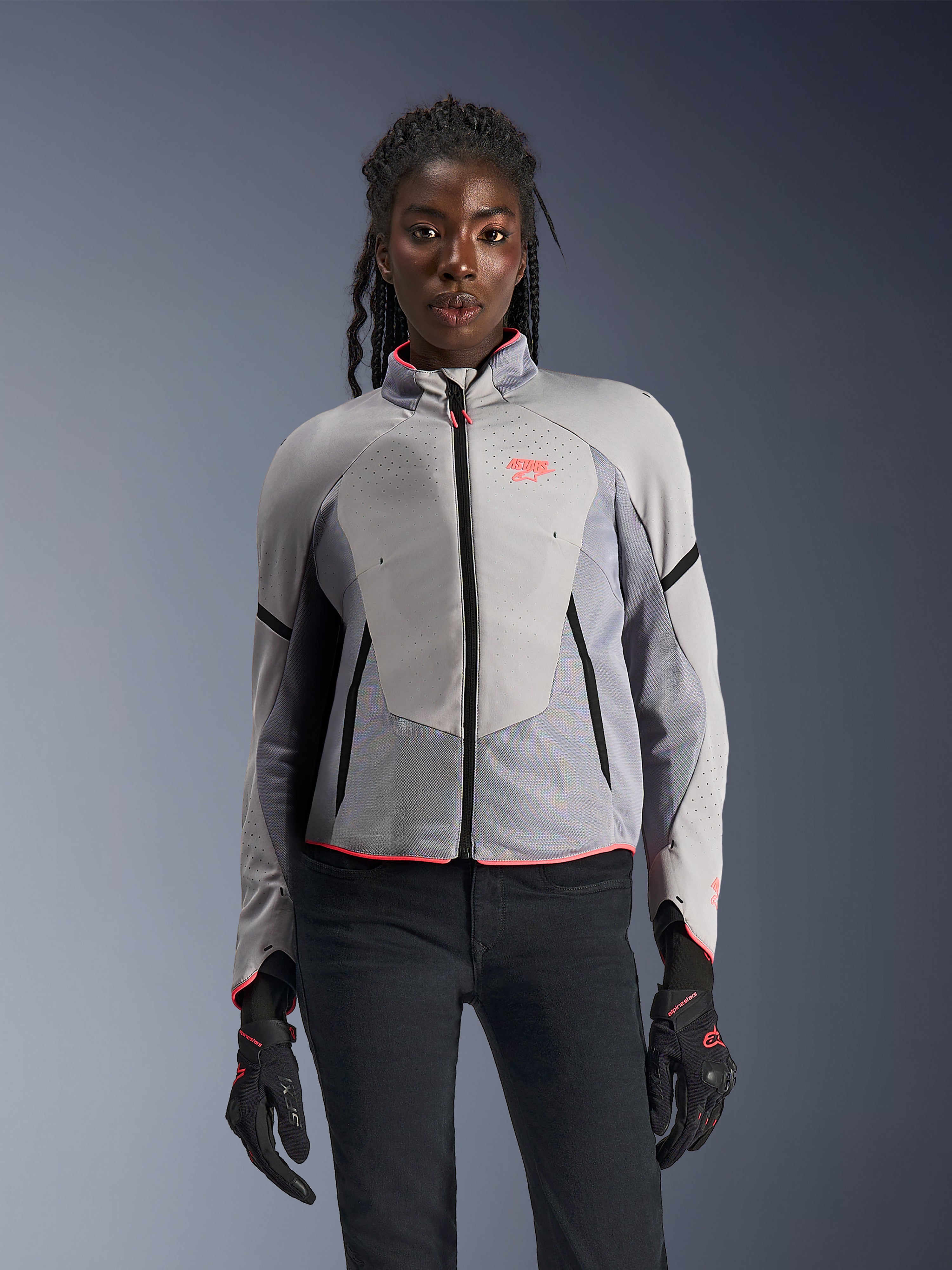 Alpinestars Stella Aeroshell Airflow Jacket, Women's Motorcycle Riding Jacket, Mid Gray and Anthracite, Laser Perforated Softshell with Pink Accents and Breathable Mesh Panels.