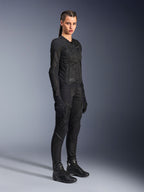 Female rider wearing the Alpinestars Stella Troop-Air Jacket in Black, featuring technical 2D mesh construction, paired with matching black motorcycle pants, gloves, and boots, styled for urban riding.