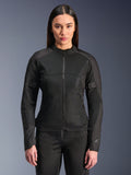 Alpinestars Stella C-1 Air Jacket, Women's Motorcycle Jacket, Black, model wearing a sleek zipped jacket with tech mesh panels, slim fit design with subtle reflective logos on the shoulder and sleeve cuff