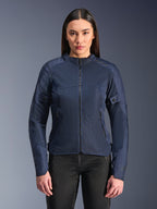 Alpinestars Stella C-1 Air Jacket in Blue, Women's Motorcycle Jacket, modeled with black riding pants, features large mesh panels for airflow, zippered front and side pockets, and a clean contemporary design.