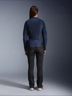 Alpinestars Stella C-1 Air Jacket, Women's Textile Motorcycle Jacket, Navy Blue, rear view featuring extensive mesh panels for ventilation and Alpinestars logo on the neck, paired with black riding pants for a modern urban look