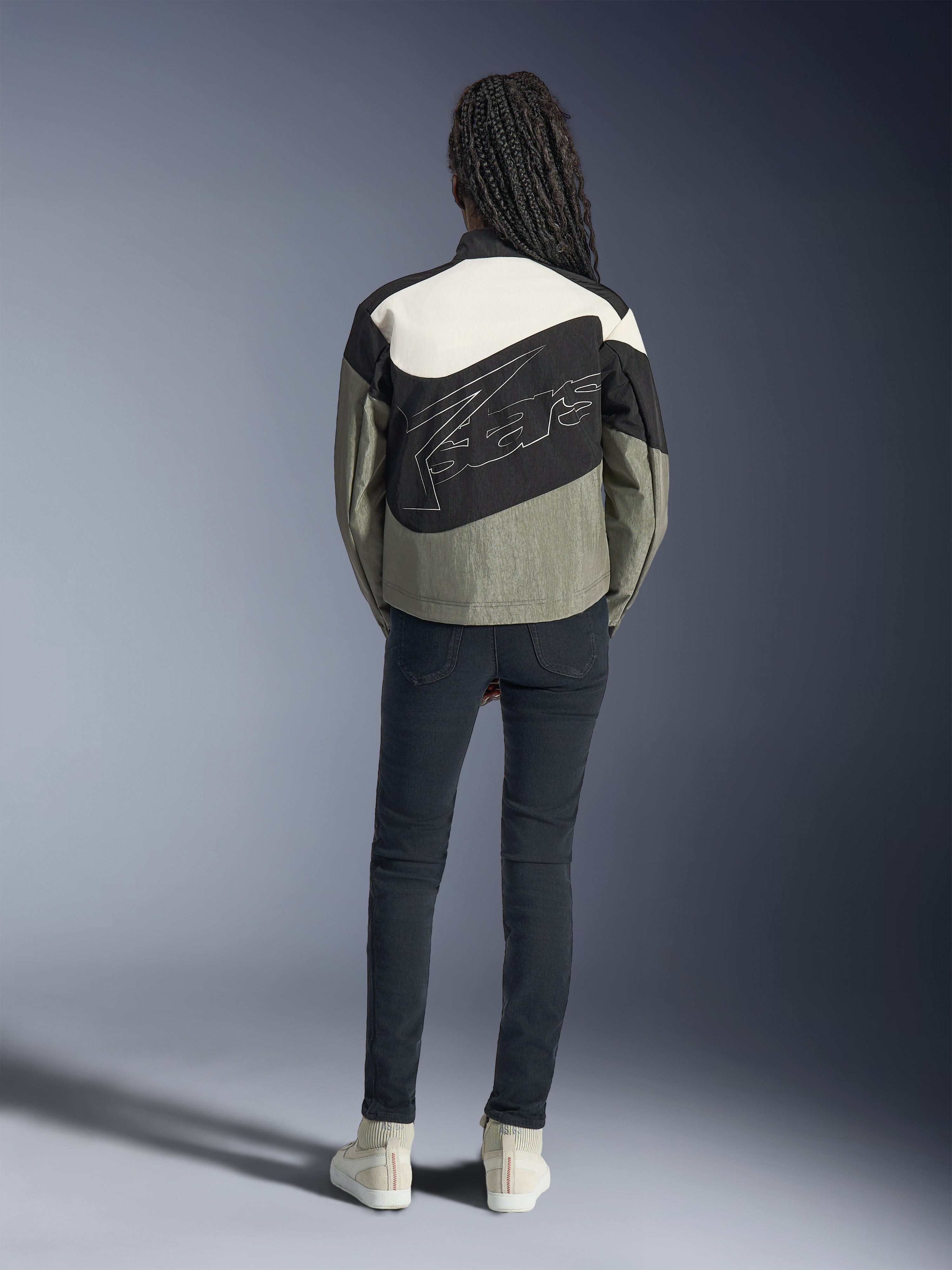 Alpinestars Stella Moshell Jacket, a women's urban motorcycle jacket in gray and black with a large back logo.