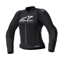 Alpinestars Women Stella SMX Air Jacket, Black textile and mesh motorcycle jacket, white logo on chest, front zipper, high collar, external shoulder sliders, breathable mesh construction, sporty design for summer riding