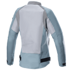 Alpinestars Eloise V2 Women's Air Jacket, back view, Sage Dark Gray, extensive mesh panels for cooling, black adjustable waist straps, elongated rear profile, modern textile motorcycle jacket designed for women