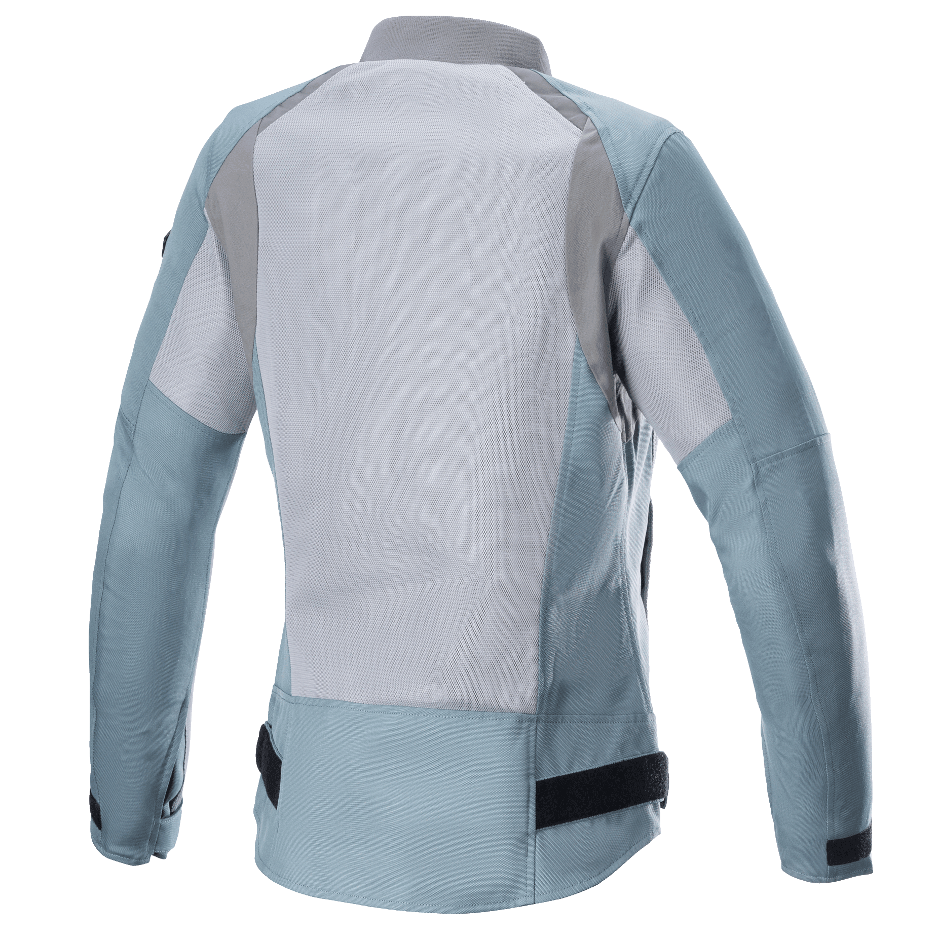 Alpinestars Eloise V2 Women's Air Jacket, back view, Sage Dark Gray, extensive mesh panels for cooling, black adjustable waist straps, elongated rear profile, modern textile motorcycle jacket designed for women