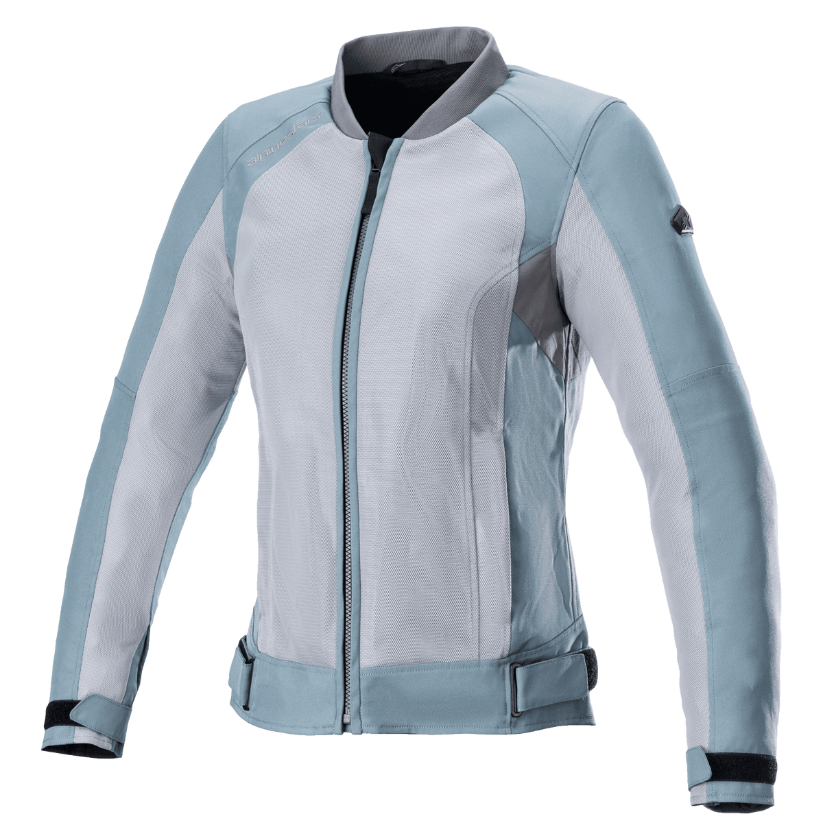 Alpinestars Eloise V2 Women's Air Jacket, Motorcycle Jacket, Sage and Dark Gray, bomber-style design with extensive mesh panels, adjustable waist and cuff straps, high collar, front zipper, breathable construction for warm-weather riding