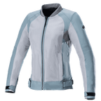 Alpinestars Eloise V2 Women's Air Jacket, Motorcycle Jacket, Sage and Dark Gray, bomber-style design with extensive mesh panels, adjustable waist and cuff straps, high collar, front zipper, breathable construction for warm-weather riding