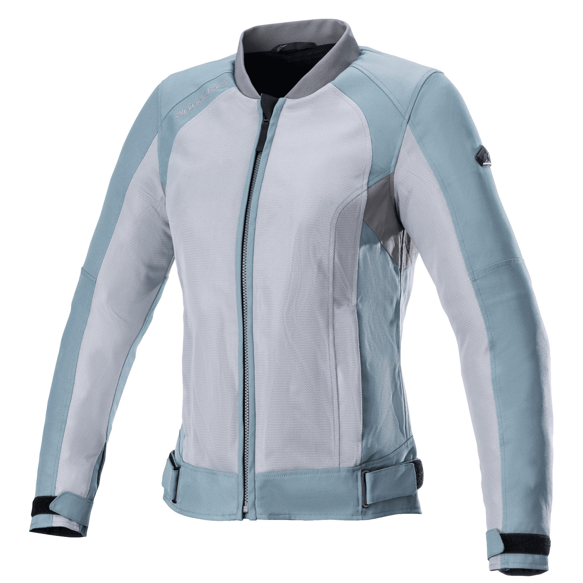 Alpinestars Eloise V2 Women's Air Jacket, Motorcycle Jacket, Sage and Dark Gray, bomber-style design with extensive mesh panels, adjustable waist and cuff straps, high collar, front zipper, breathable construction for warm-weather riding