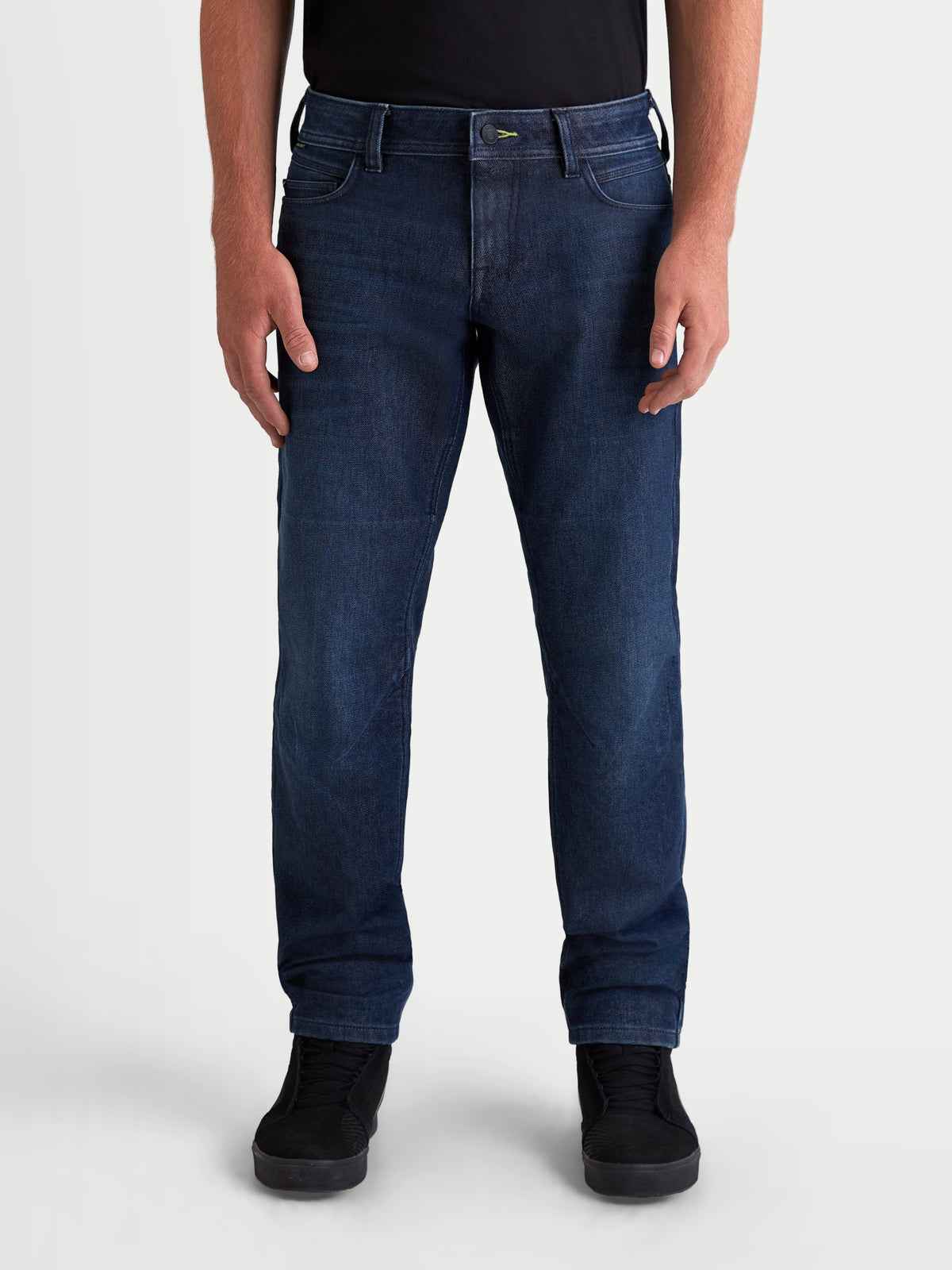 Alpinestars Flex-AST 10 Tough Max Denim Pants Short, men's urban motorcycle denim pants in dark blue, front view on a model wearing AAA-rated protective riding apparel with slim knee and hip protection