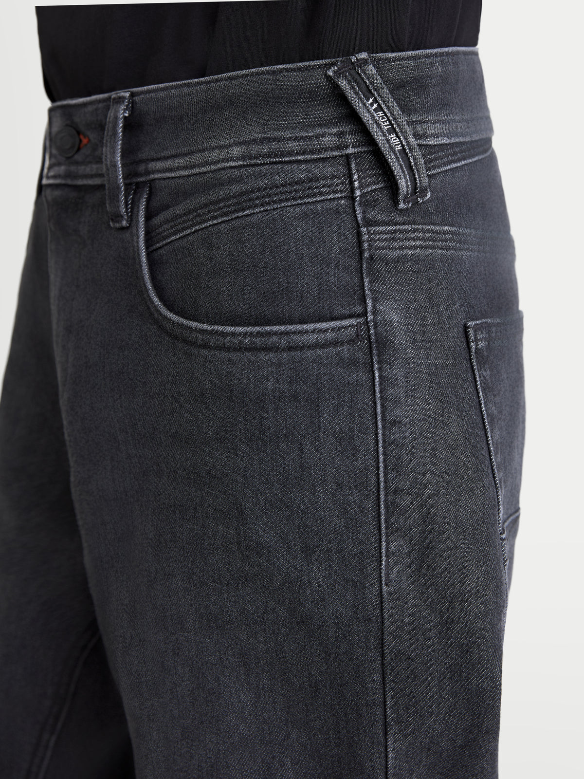 Alpinestars Flex-AST 7 Denim Pants Short, urban motorcycle riding jeans, faded black, close-up view of the front pocket, belt loops, and technical single-layer construction