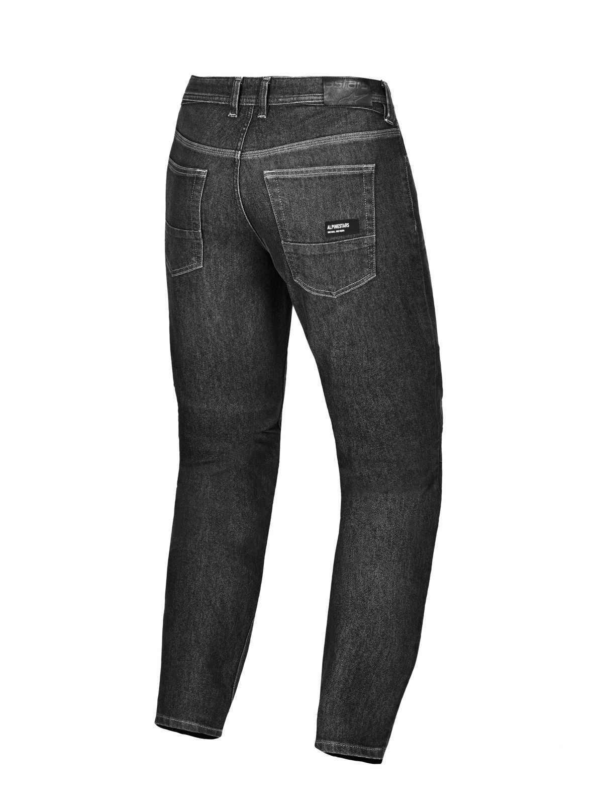 Alpinestars Flex-AST 7 Denim Pants, Men's motorcycle riding jeans in Faded Black, rear view showing single-layer A-TRAACX technical denim, leather back patch, and branded back pocket label
