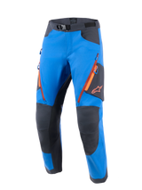 Alpinestars Maxdura Dual Pants, Adventure Motorcycle Pants, Royal Blue and Deep Gray, orange zippered thigh vents, reinforced gray knee and seat panels, orange Astar logo on the side, magnetic waist buckle, technical off-road gear