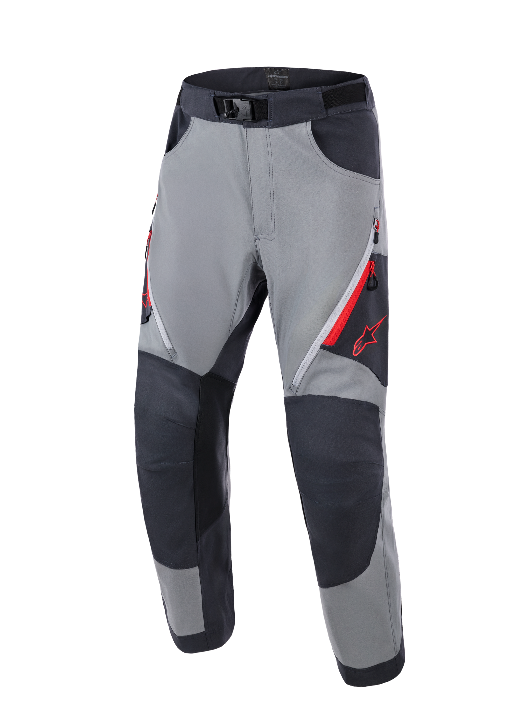 Alpinestars Maxdura Dual Pants, Adventure Motorcycle Pants, Dark Gray and Deep Gray, featuring reinforced dark gray knee panels, red zippered thigh vents, red Astars logo on the thigh, and adjustable waist belt with magnetic buckle, designed for dual-sport riding
