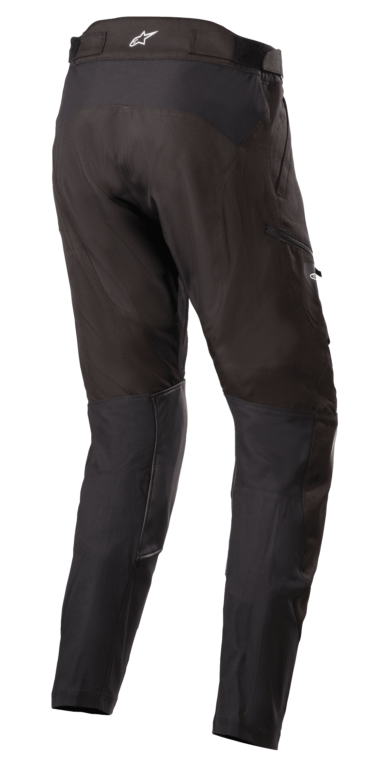 Alpinestars Venture XT Pants In Boot, Black Adventure Touring Pants, Rear three-quarter view showing water-resistant textile construction, PU film reinforcements on the inner leg, adjustable waistband with white star logo, designed for dual-sport motorcycle riding