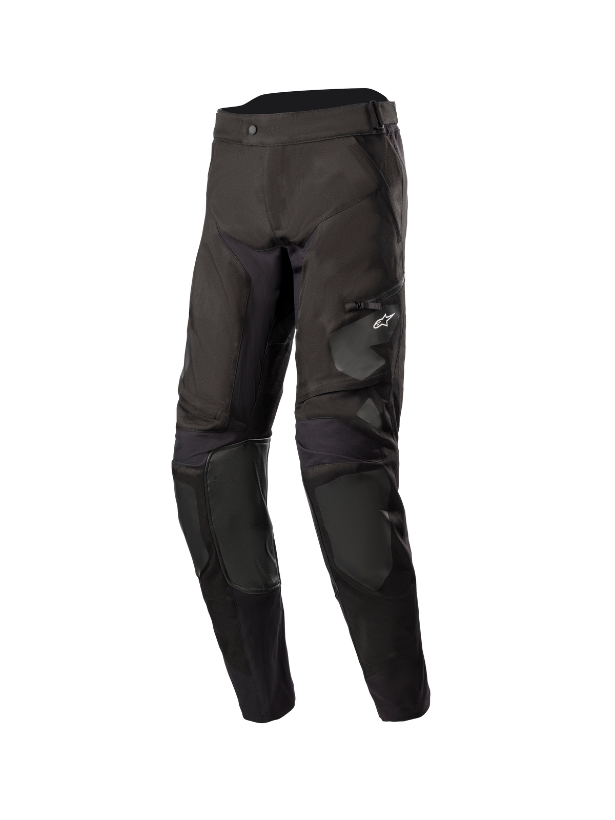 Alpinestars Venture XT In Boot Pants, Men's Adventure Touring Motorcycle Pants, Black, front three-quarter view featuring water-resistant textile construction, zippered thigh pocket with Astars logo, and reinforced knee panels.