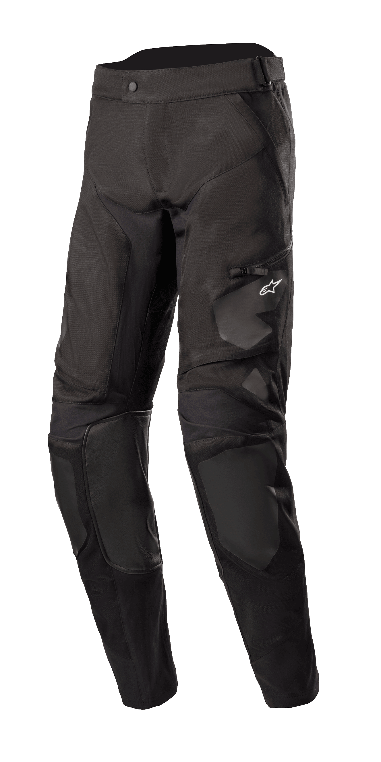 Alpinestars Venture XT Pants In Boot, Black Motorcycle Adventure Touring Pants, featuring reinforced knee panels and a zippered thigh pocket with a small white logo, water-resistant textile construction with ventilation ports, designed for dual-sport and off-road riding