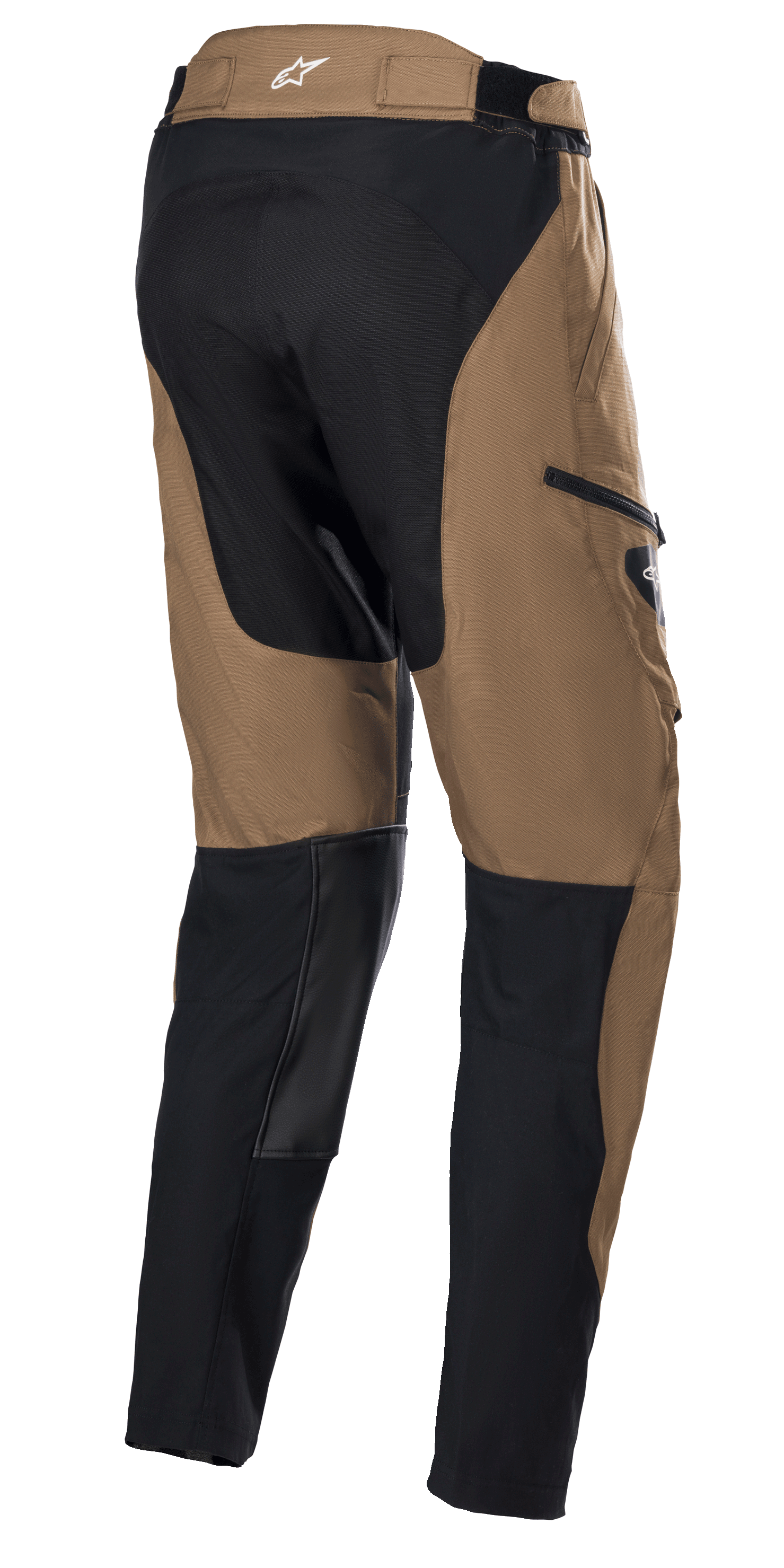 Alpinestars Venture XT Pants In Boot, Adventure Touring Pants, Camel Black, rear three-quarter view showing black reinforced panels on the seat and inner lower legs, tan textile main shell with a white star logo on the waistband, designed for dual-sport and off-road riding.