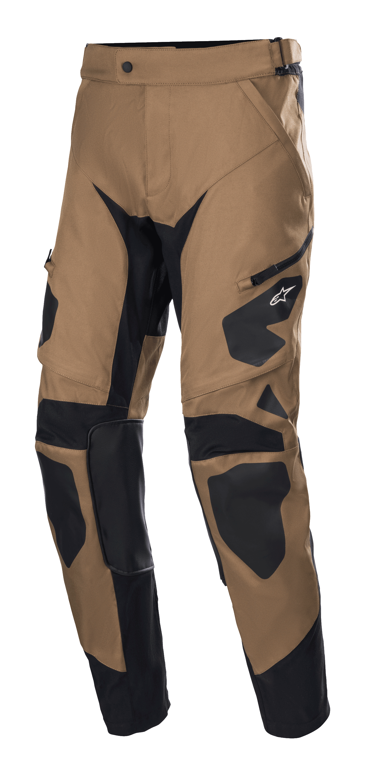 Alpinestars Venture XT Pants In Boot, Motorcycle Adventure Pants, Camel and Black, featuring reinforced black panels on knees and thighs, side zipper pocket, durable textured fabric, and a tapered leg design for off-road and touring