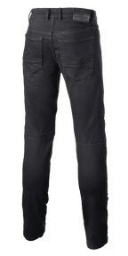 Alpinestars Argon Slim Fit Denim Pants, Black technical riding jeans, back view showing rear pockets with embroidered star logo, leather waistband patch, slim fit design for urban motorcycle use