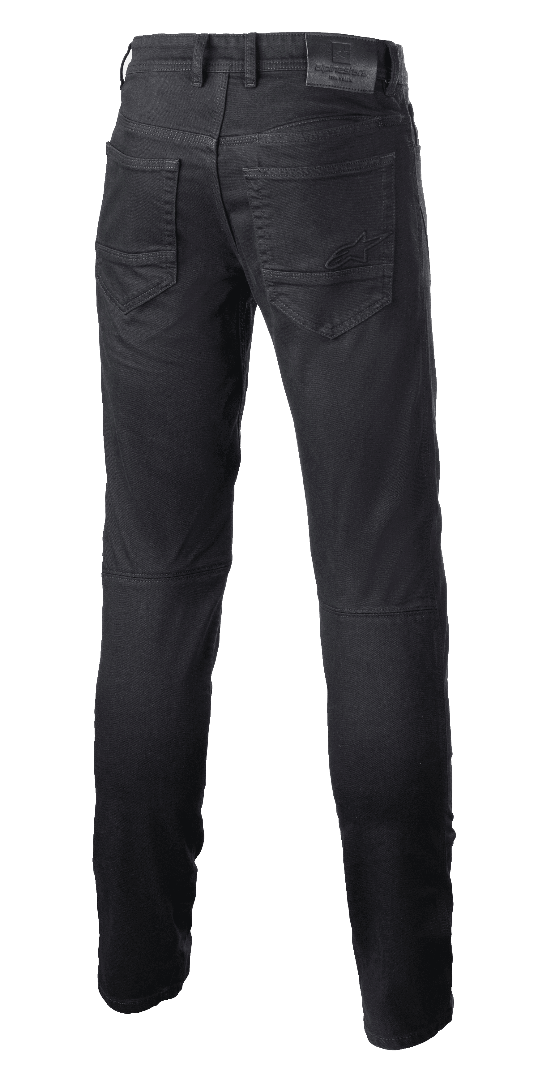 Alpinestars Argon Slim Fit Denim Pants, Black technical riding jeans, back view showing rear pockets with embroidered star logo, leather waistband patch, slim fit design for urban motorcycle use