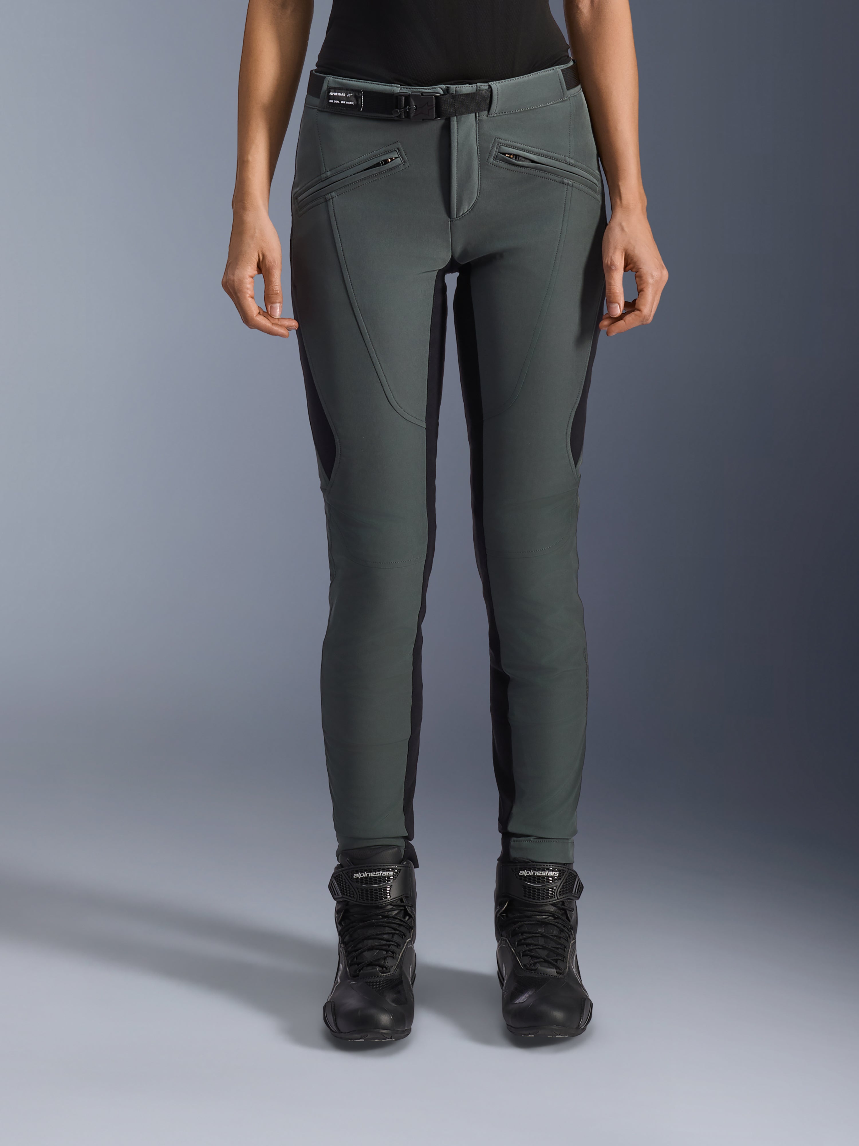 Alpinestars Alamosa Pants, Women's Urban Gray softshell motorcycle riding pants with black panels and zippered pockets.