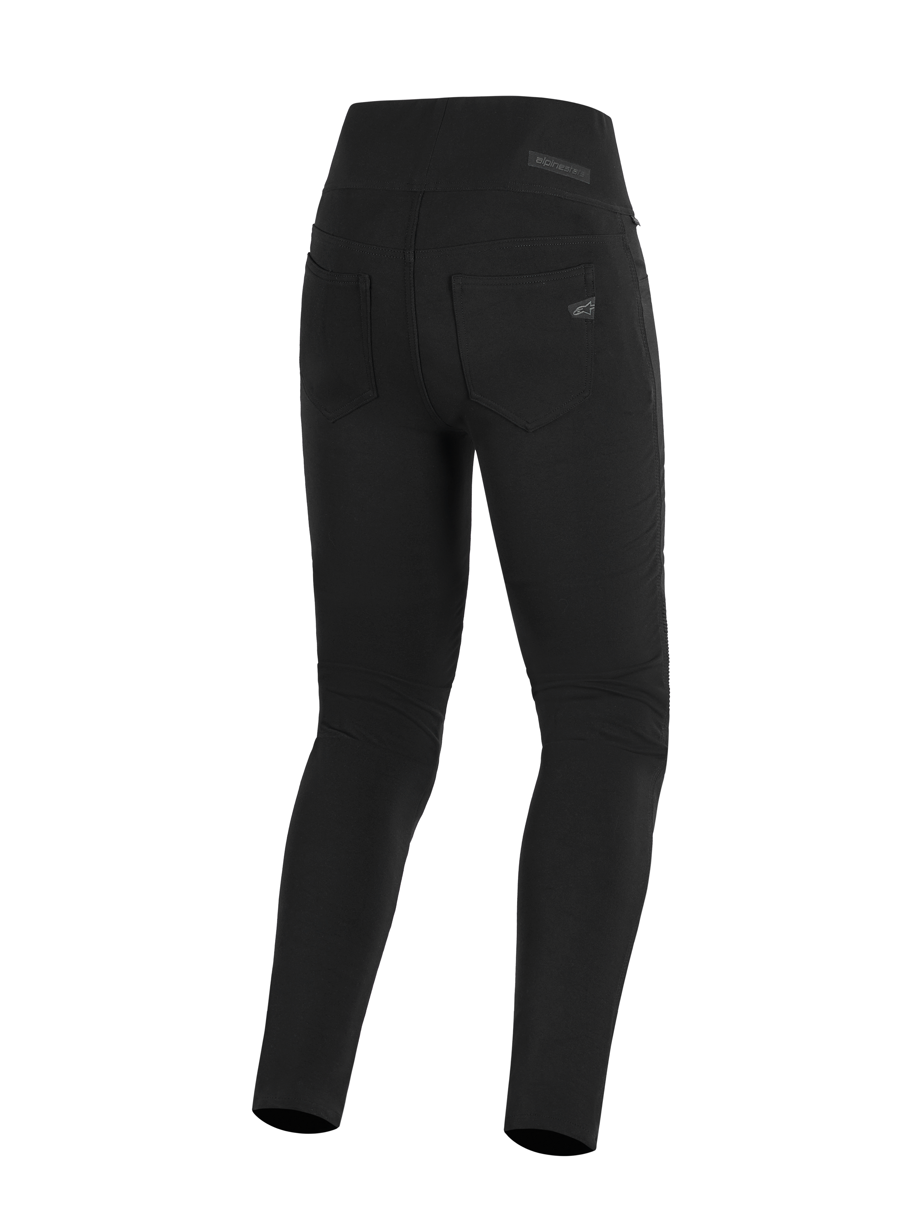 Alpinestars Stella Flex-Ast Leggings, Women's Motorcycle Leggings, Black, Rear view featuring high-rise waistband and functional back pockets, sleek urban riding gear with subtle Alpinestars logo on the pocket.
