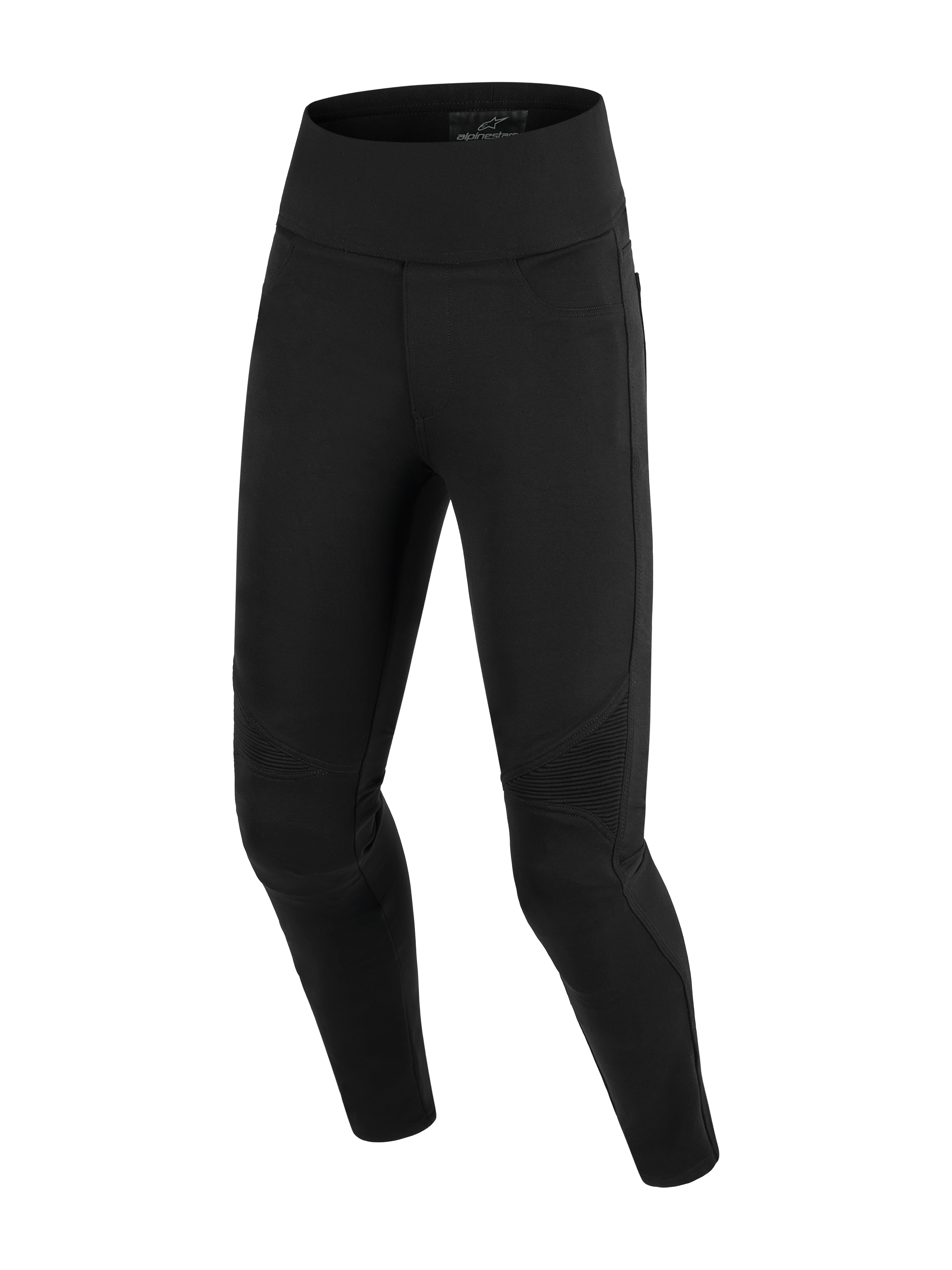 Alpinestars Stella Flex-Ast Leggings, Women's Motorcycle Leggings, Black, featuring a high-waisted design and ribbed accordion panels at the knees, slim-fit textile construction for urban road riding