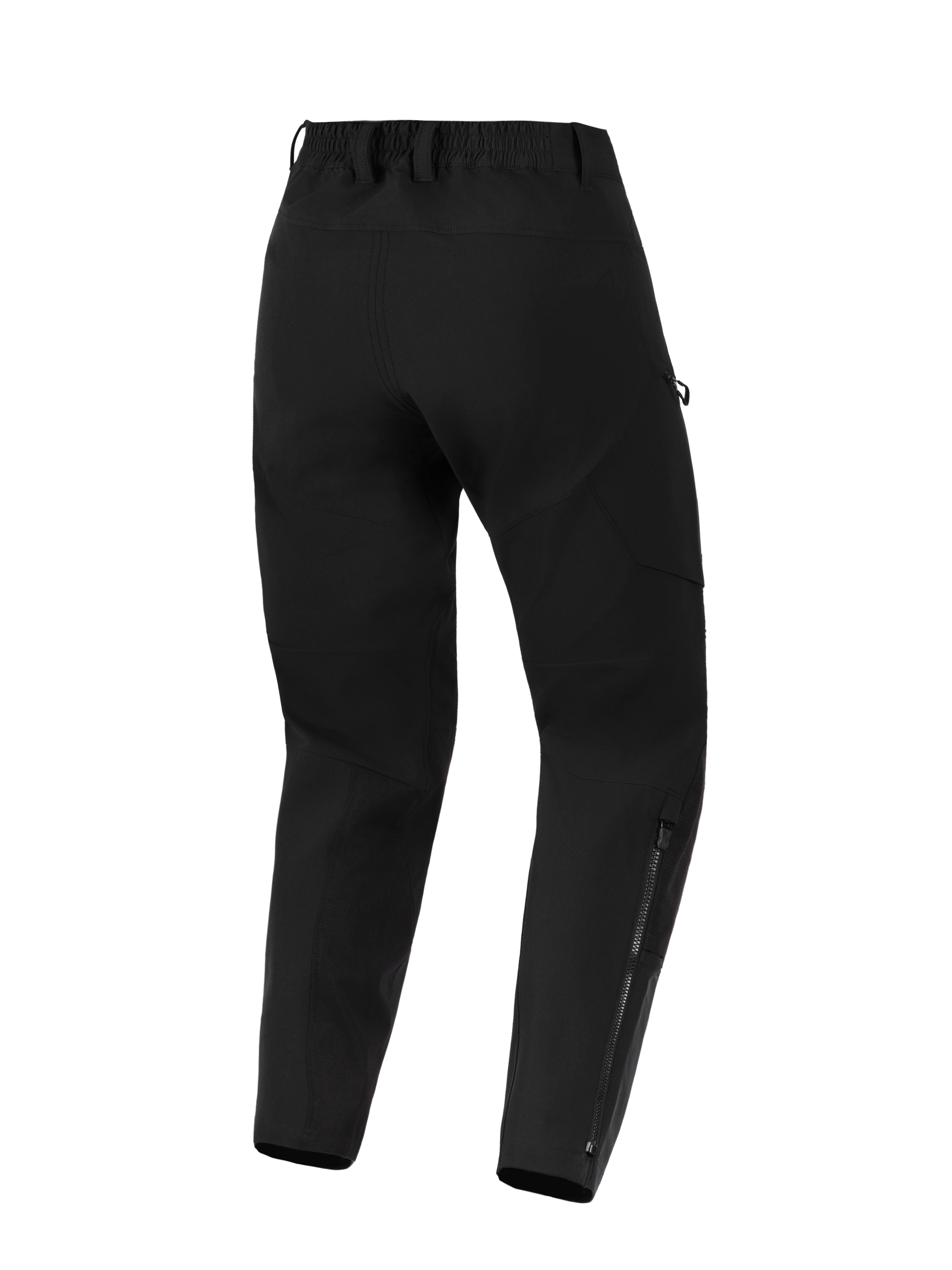 Alpinestars Stella Flex-AST Explorer Pants, Women's Motorcycle Pants, Black, back view featuring stretch textile construction, elastic waistband with belt loops, and long zippers on the lower legs for adventure riding.