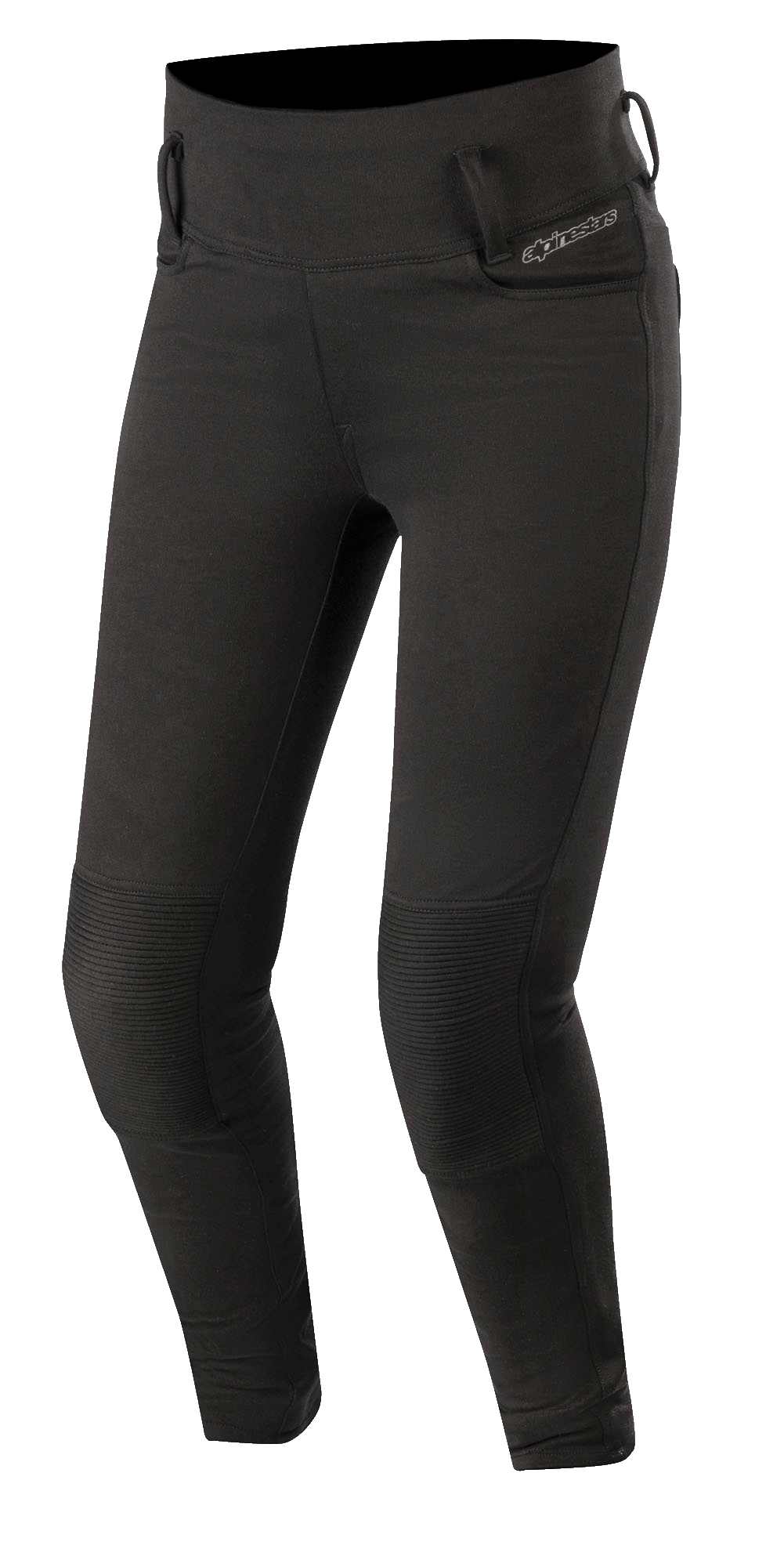 Alpinestars Banshee Women's Leggings, Black, fitted motorcycle riding leggings with reinforced ribbed knee panels, belt loops, and high-waisted design, sleek sporty look for urban road riding