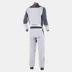 Alpinestars GP Pro Comp Suit, Professional Auto Racing Suit, Silver and Asphalt Gray, rear view showing light gray main body with dark gray shoulder panels, white lower back panel with Alpinestars logo, and lime yellow accents on the collar