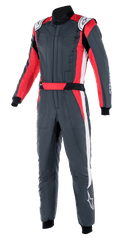 Alpinestars GP Pro Comp V2 FIA Suit, Auto Racing Suit, Asphalt Gray with Red and White accents, featuring a high collar, integrated red waist belt, and white side stripes, professional motorsport protective gear