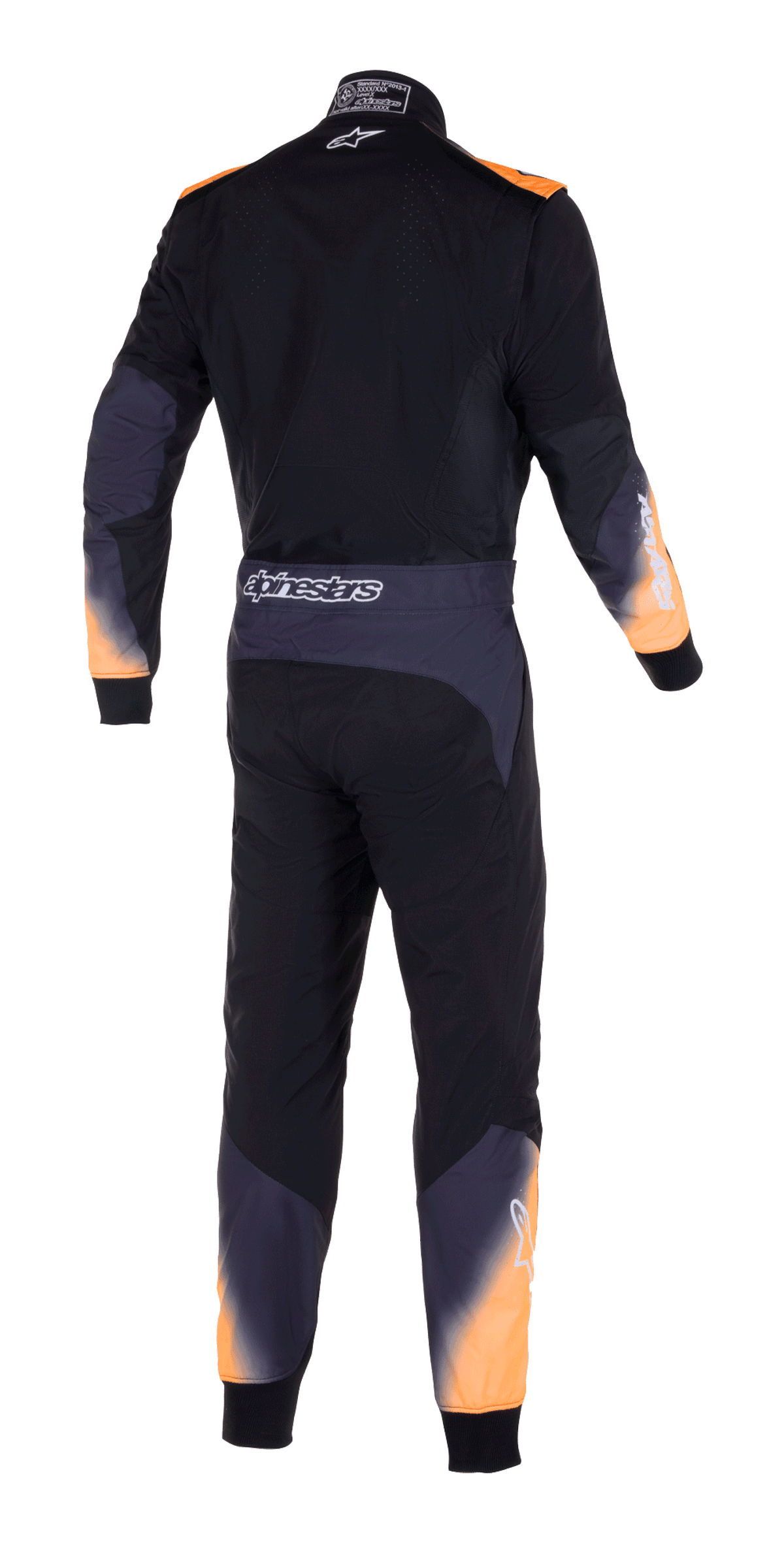 Alpinestars KMX-5 V2 Suit, Karting Suit, Black White and Orange Fluo, back view showing orange accents on shoulders and legs, Alpinestars logo on waist belt, performance motorsport apparel