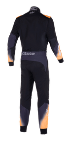 Alpinestars KMX-5 V2 Suit, Karting Suit, Black White and Orange Fluo, back view showing orange accents on shoulders and legs, Alpinestars logo on waist belt, performance motorsport apparel