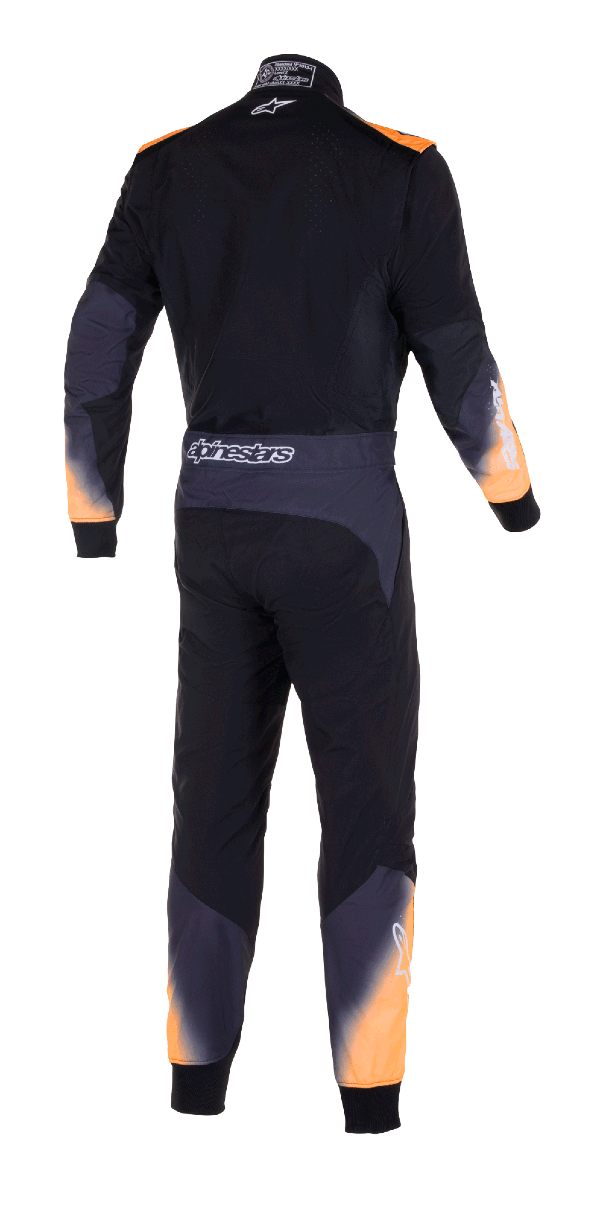 Alpinestars KMX-5 V2 Suit, Karting Suit, Black White and Orange Fluo, back view showing orange accents on shoulders and legs, Alpinestars logo on waist belt, performance motorsport apparel