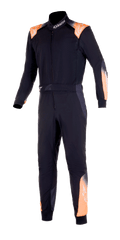 Alpinestars KMX-5 V2 Suit, One-Piece Karting Suit, Black with Orange Fluo and White accents, front view featuring orange shoulder epaulettes, forearm panels, and lower leg details, high collar with logo, professional motorsport protective gear