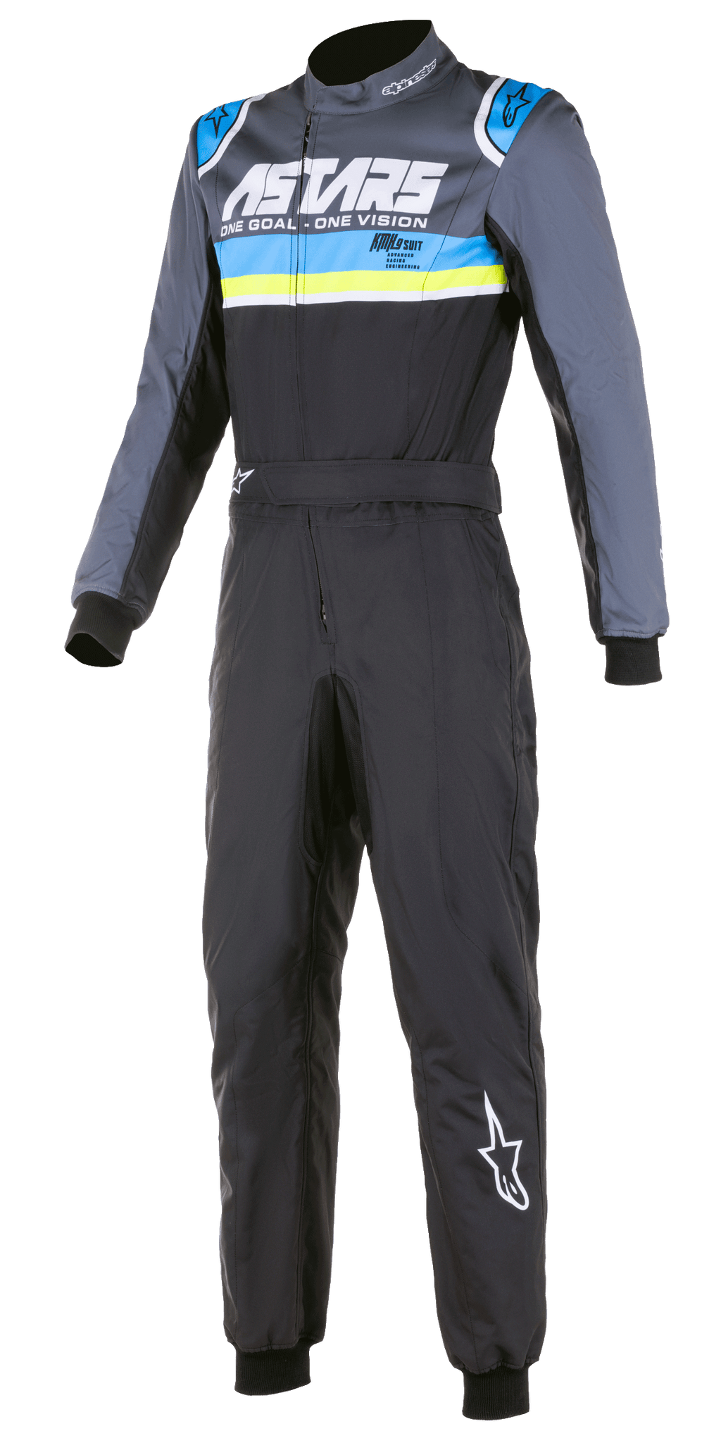 Alpinestars KMX-9 V2 Graphic 4 Suit, Karting Racing Suit, Black with Gray Blue and Yellow Stripes, Long Sleeves, High Collar, Front Zipper, Durable Racing Fabric, ASTARS Branding