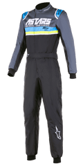 Alpinestars KMX-9 V2 Graphic 4 Suit, Karting Racing Suit, Black with Gray Blue and Yellow Stripes, Long Sleeves, High Collar, Front Zipper, Durable Racing Fabric, ASTARS Branding