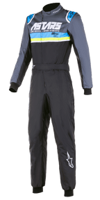 Alpinestars KMX-9 V2 Graphic 4 Suit, Karting Racing Suit, Black with Gray Blue and Yellow Stripes, Long Sleeves, High Collar, Front Zipper, Durable Racing Fabric, ASTARS Branding