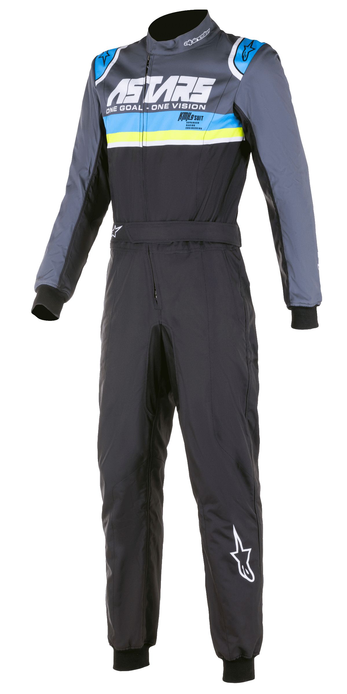 Alpinestars KMX-9 V2 Graphic 4 Suit, Karting Racing Suit, Black with Gray Blue and Yellow Stripes, Long Sleeves, High Collar, Front Zipper, Durable Racing Fabric, ASTARS Branding