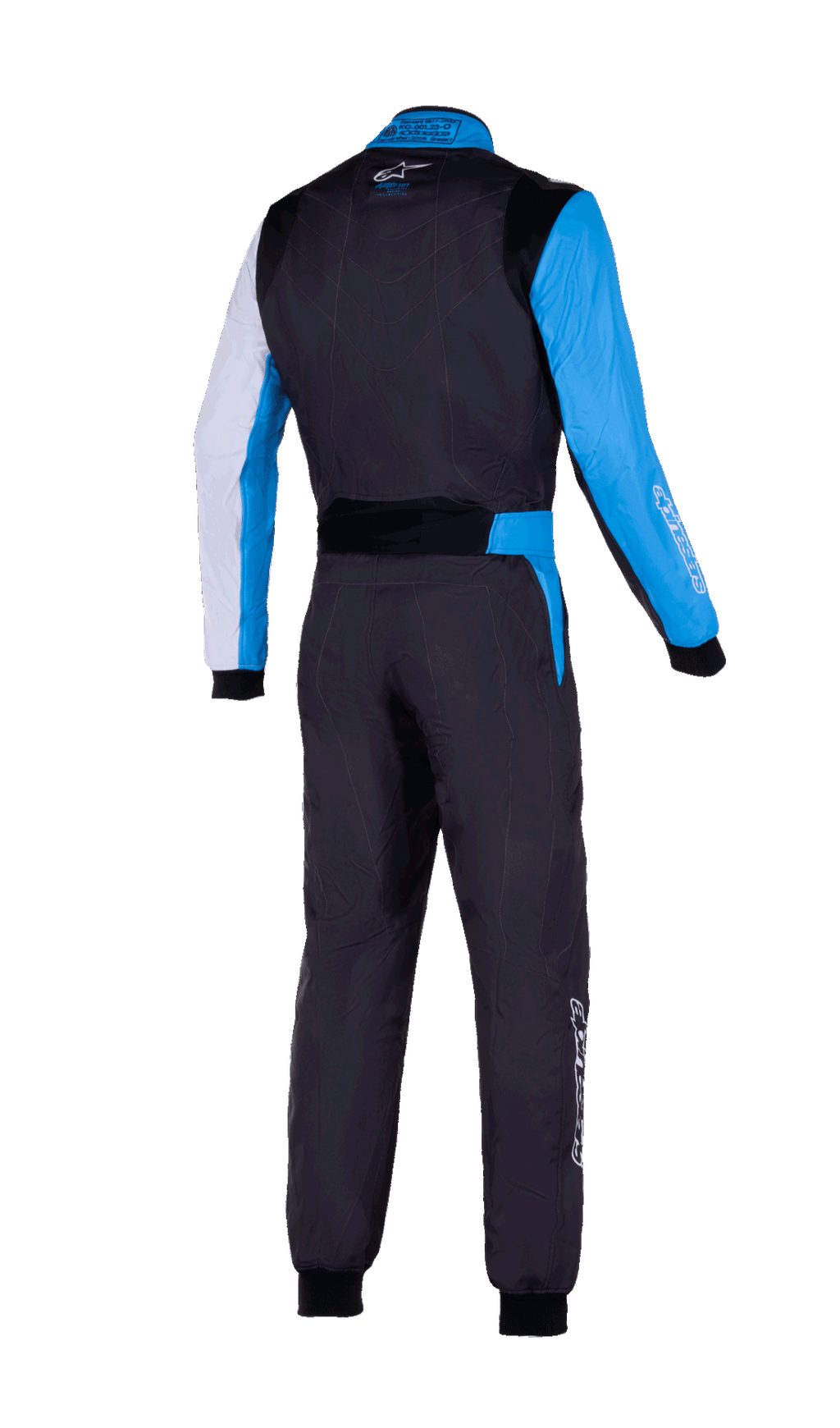 Alpinestars KMX-9 V3 Graphic 2 Men's Karting Suit in black and cyan, rear view with FIA 8877-2022 certification.