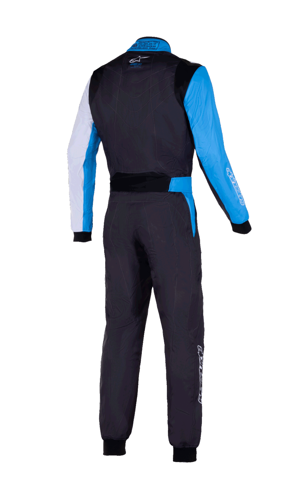 Alpinestars KMX-9 V3 Graphic 2 Men's Karting Suit in black and cyan, rear view with FIA 8877-2022 certification.