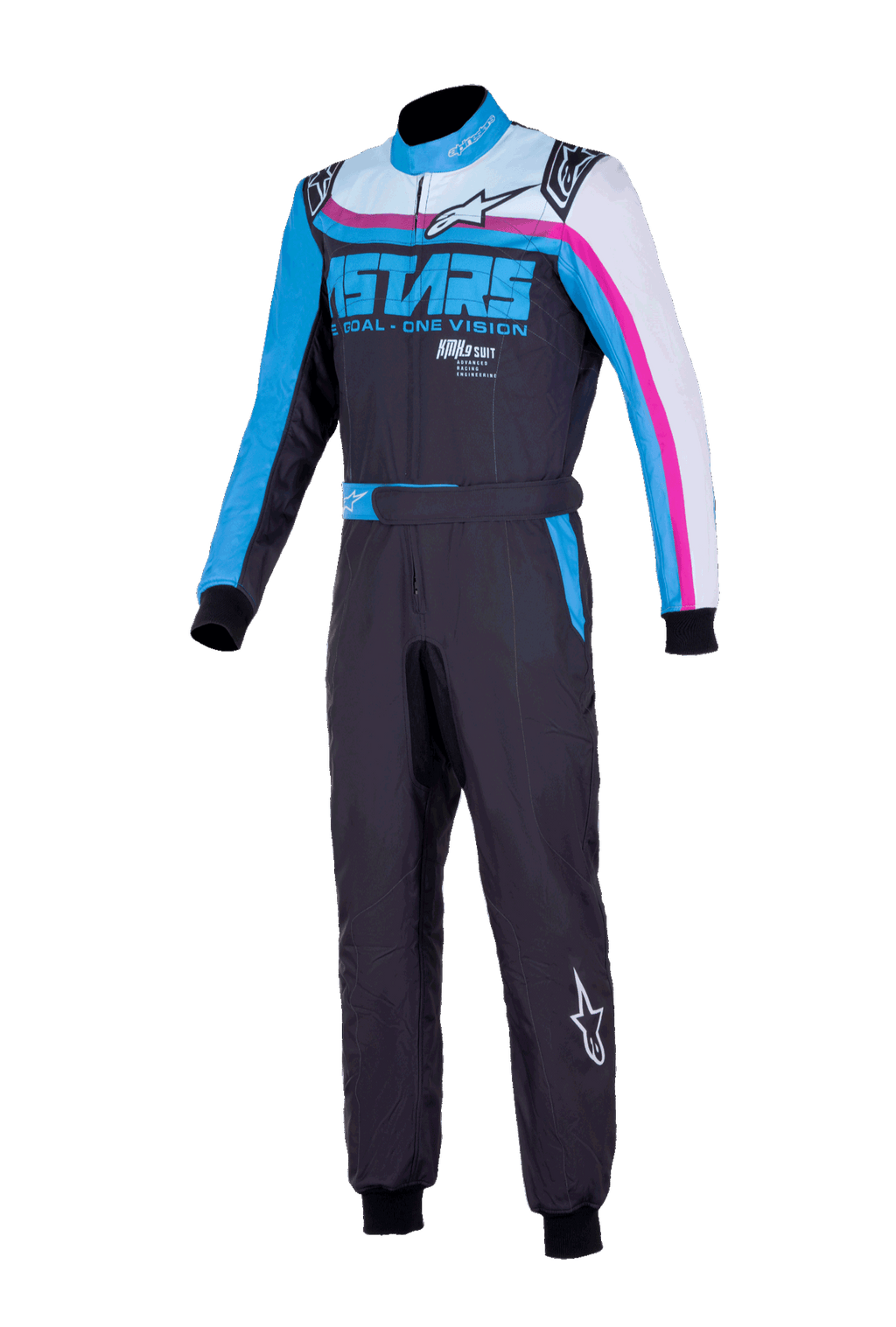 Alpinestars KMX-9 V3 Graphic 2 Suit, Karting Suit, Black and Cyan with fuchsia accents, dual-layer construction