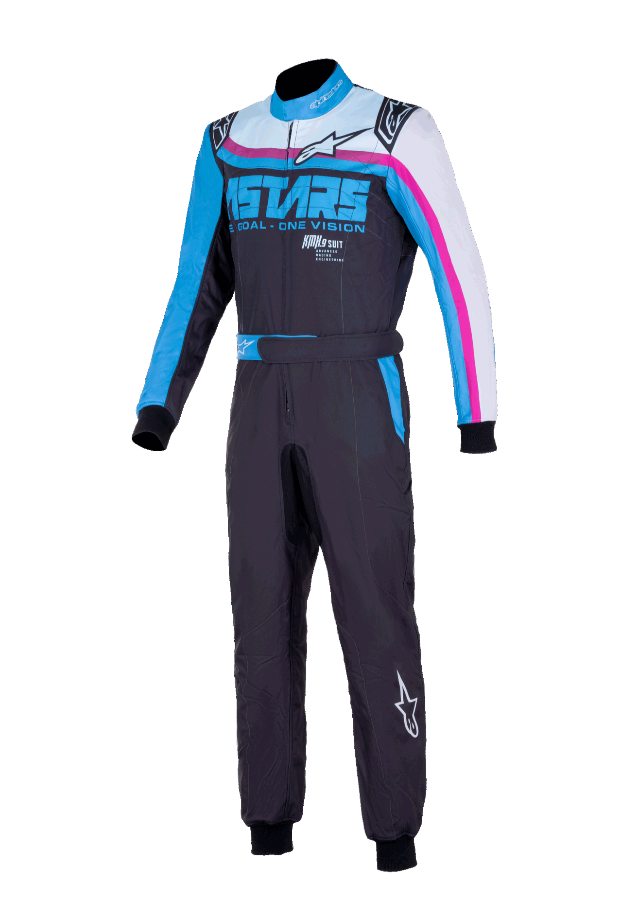 Alpinestars KMX-9 V3 Graphic 2 Suit, Karting Suit, Black and Cyan with fuchsia accents, dual-layer construction